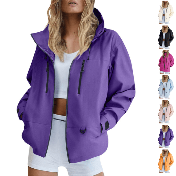 Utoimkio Women's Lightweight Outdoor Hooded Rain Jacket,Full Zip Long Sleeve Windproof Coat with Pockets Spring Fall Outerwear Size S-XXL