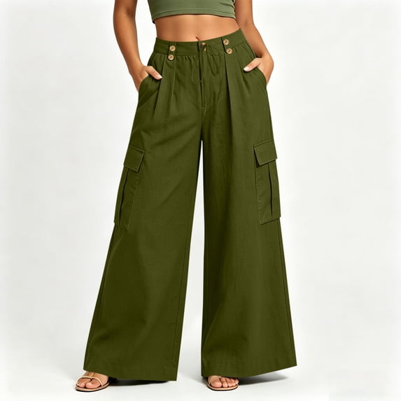 Utoimkio Women's Lightweight Vacation Cargo Trousers,High Rise Dual Button Detail with Front Drawstring and Oversized Side Pockets