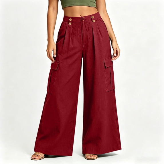 Utoimkio Women's Lightweight Vacation Cargo Trousers,High Rise Dual Button Detail with Front Drawstring and Oversized Side Pockets