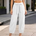 thumbnail image 1 of Utoimkio Women's Linen Jogger Pants Self Tie Bow Elastic Waist Dual Side Pockets Cuffed Ankle Casual Cropped Bottoms for Summer Daily Wear, 1 of 6