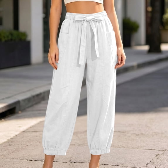Utoimkio Women's Linen Jogger Pants Self Tie Bow Elastic Waist Dual Side Pockets Cuffed Ankle Casual Cropped Bottoms for Summer Daily Wear