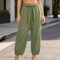 thumbnail image 1 of Utoimkio Women's Linen Jogger Pants Self Tie Bow Elastic Waist Dual Side Pockets Cuffed Ankle Casual Cropped Bottoms for Summer Daily Wear, 1 of 6