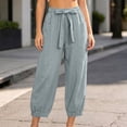 thumbnail image 1 of Utoimkio Women's Linen Jogger Pants Self Tie Bow Elastic Waist Dual Side Pockets Cuffed Ankle Casual Cropped Bottoms for Summer Daily Wear, 1 of 6