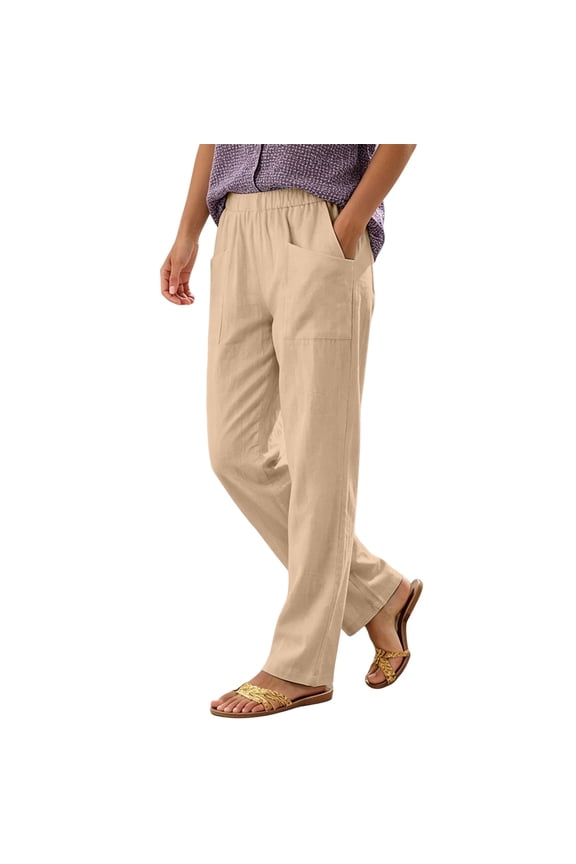 Women's Linen Straight Leg Pants Elastic High Waist Trousers with Large Square Patch Side Pockets Lightweight Breathable Fabric for Beach Vacation