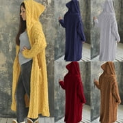 Utoimkio Womens Long Hooded Cardigan Sweaters Cable Knit Casual Open Front Oversized Hooded Outwear Sweater Coat Fall Lightweight Cardigan Jacket with Pockets