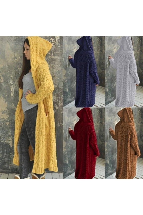 Women's Long Hooded Cardigan Sweaters Cable Knit Casual Open Front Oversized Hooded Outwear Sweater Coat Fall Lightweight Cardigan Jacket with Pockets