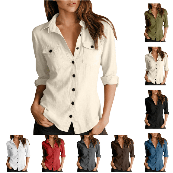 Utoimkio Women's Long Sleeve Button Down Shirts Cotton Linen Dress Shirts Casual Spring Fall Tops Work Blouses Size S-XXL