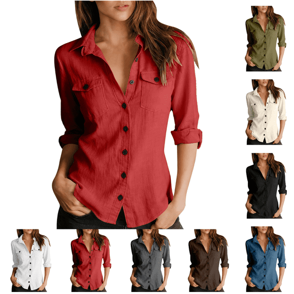 Utoimkio Women's Long Sleeve Button Down Shirts Cotton Linen Dress Shirts Casual Spring Fall Tops Work Blouses Size S-XXL