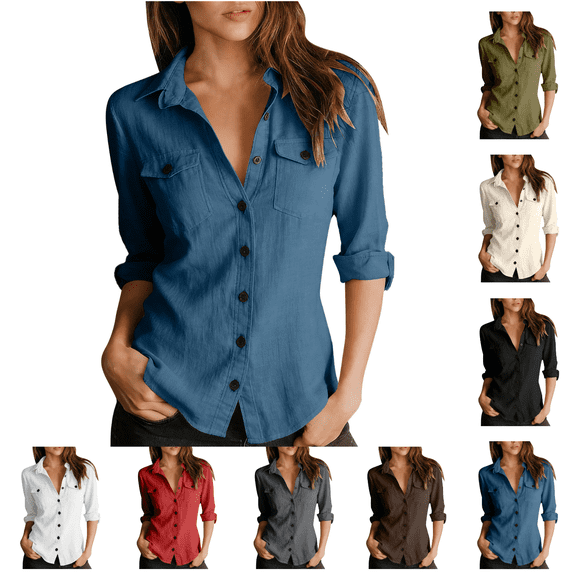 Utoimkio Women's Long Sleeve Button Down Shirts Cotton Linen Dress Shirts Casual Spring Fall Tops Work Blouses Size S-XXL