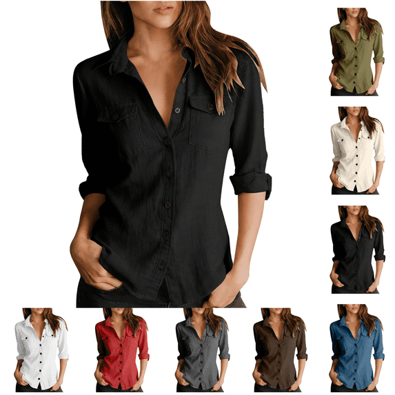 Utoimkio Women's Long Sleeve Button Down Shirts Cotton Linen Dress Shirts Casual Spring Fall Tops Work Blouses Size S-XXL