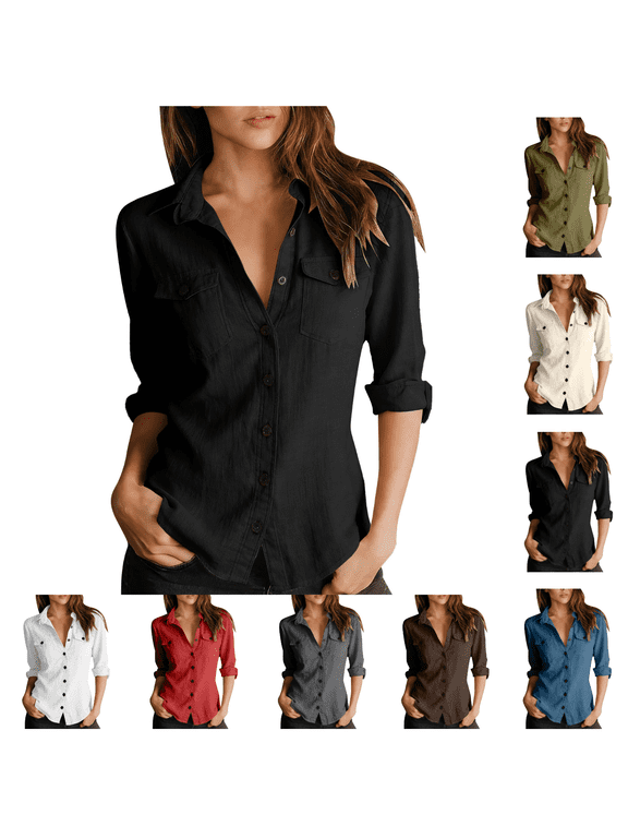 Women's Long Sleeve Button Down Shirts Cotton Linen Dress Shirts Casual Spring Fall Tops Work Blouses Size S-XXL