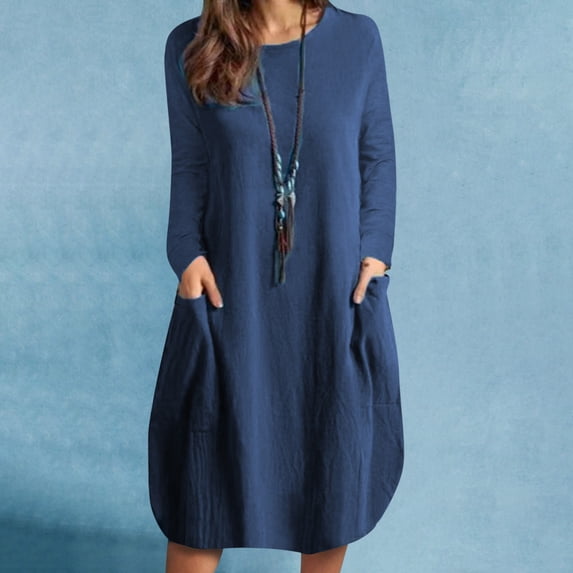 Utoimkio Women's Long Sleeve Cotton Linen Midi Dress Casual Loose Crewneck Long Dress for Women with Pockets