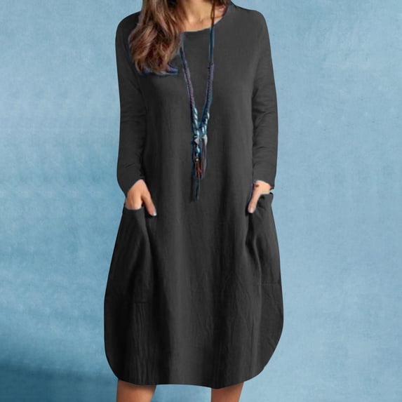 Utoimkio Women's Long Sleeve Cotton Linen Midi Dress Casual Loose Crewneck Long Dress for Women with Pockets