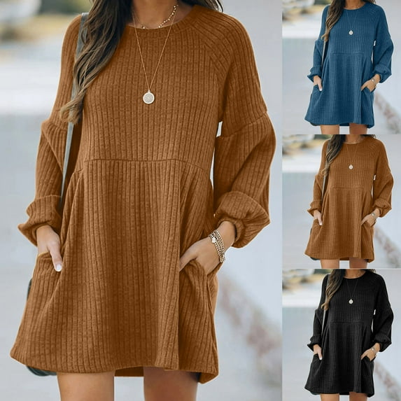 Utoimkio Women's Long Sleeve Crewneck Knitted Sweater Dress Fall Winter Casual Loose A-Line Midi Dresses for Women with Pockets