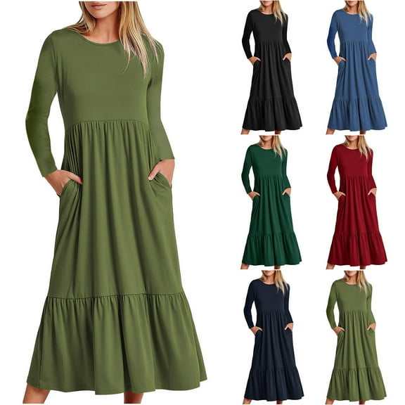 Utoimkio Women's Long Sleeve Loose Plain Maxi Dresses Casual Long Dresses with Pockets