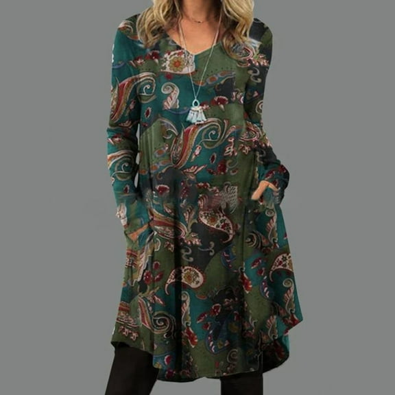 Utoimkio Women's Long Sleeve Midi Dresses 2023 V Neck Floral Print Casual Loose Fall Dresses for Women