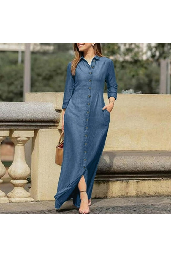 Women's Long Sleeve Turndown Collar Denim Shirt Dress Fall Casual Button Down Ruffle Split Hem Denim Maxi Dresses for Women