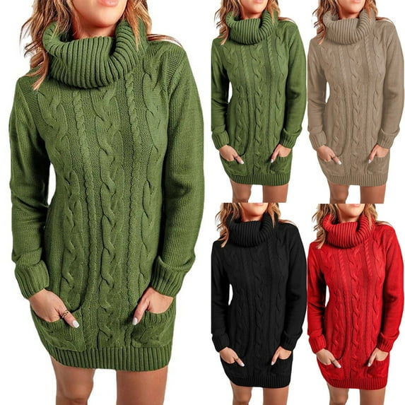 Utoimkio Women's Long Sleeve Turtleneck Knit Sweater Dress Casual Loose Pullover Sweaters Fall Winter A-Line Knit Midi Dresses for Women with Pockets