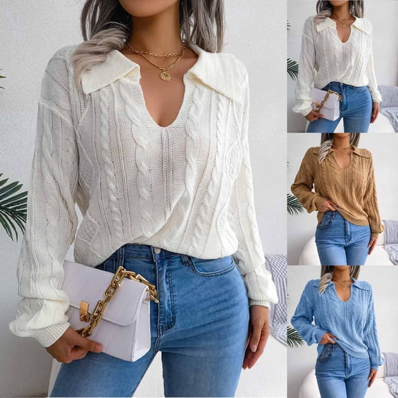 Utoimkio Women's Long Sleeve V Neck Pullover Sweatshirts Loose Fit Sweater Winter Solid Knitted Outwear Jumper Tops