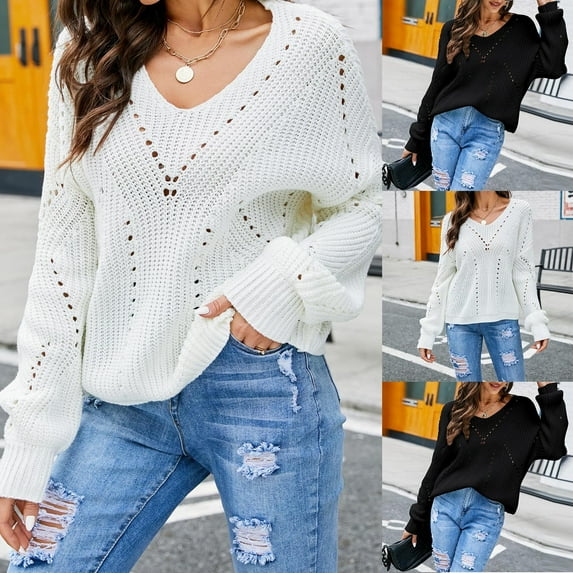 Utoimkio Women's Long Sleeve V Neck Sweaters Casual Loose Pullover Sweater Winter Solid Knitted Outwear Jumper Tops