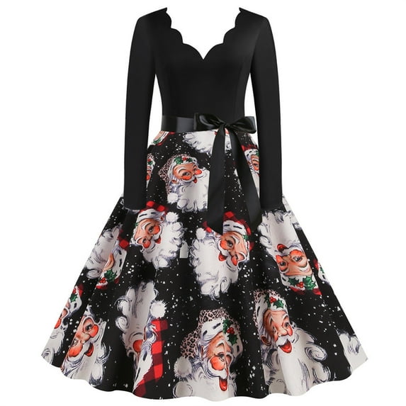 Utoimkio Women's Merry Christmas Print Long Sleeve Loose High Waist Midi Dress Fall Winter Deep V Neck Knee Length Christmas Formal Dresses for Women Swing Long Dresses
