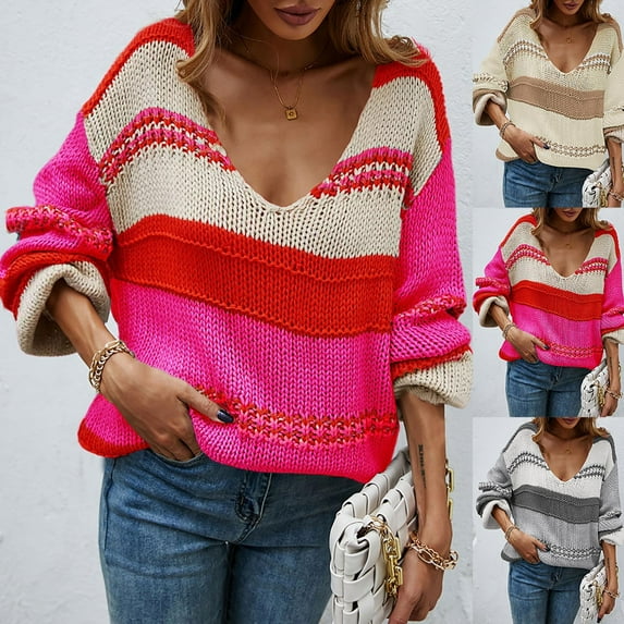 Utoimkio Women's Oversized Knit Pullover Sweaters Long Sleeve V Neck Striped Sweaters Winter Knitted Loose Outwear Jumper Tops