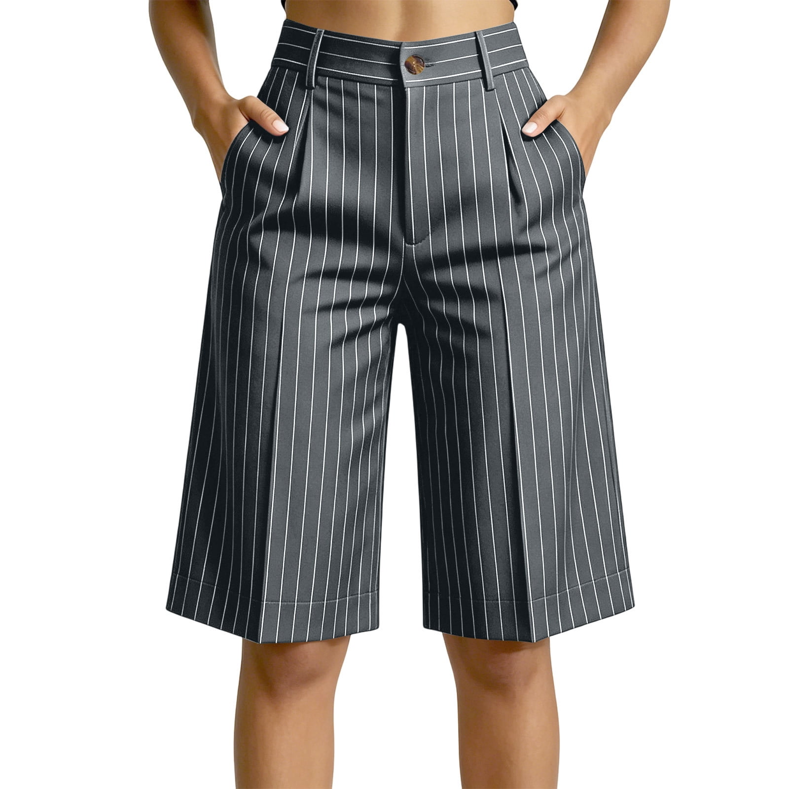 Utoimkio Women's Pinstripe Knee Length Shorts High Waisted