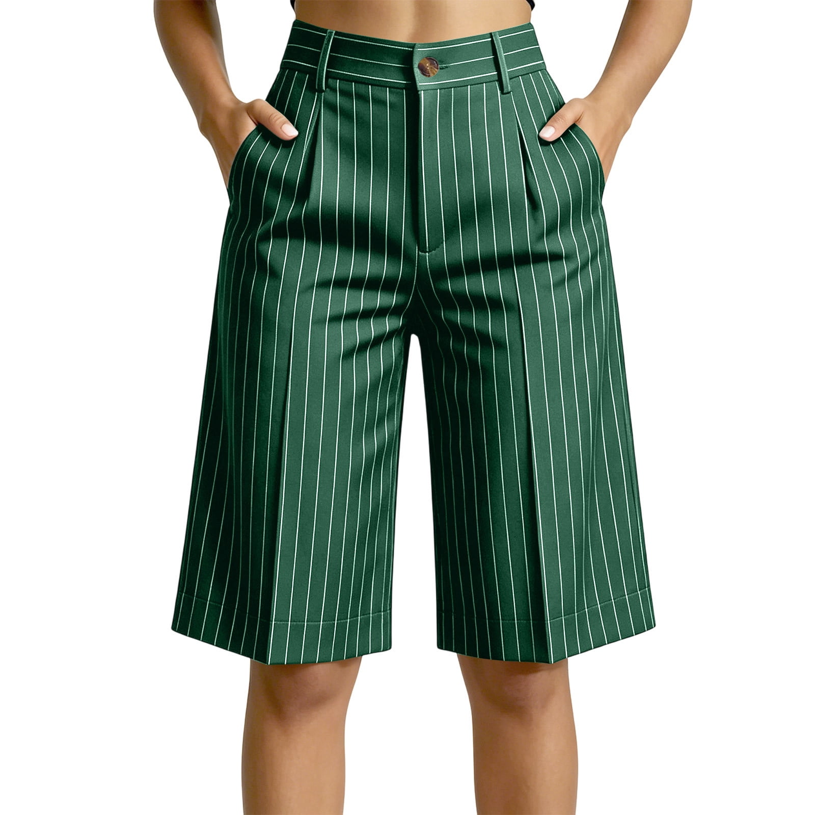 Double Button Pinstripe Wide Shorts ショーツ Utoimkio Women's Pinstripe Knee Length Shorts High Waisted