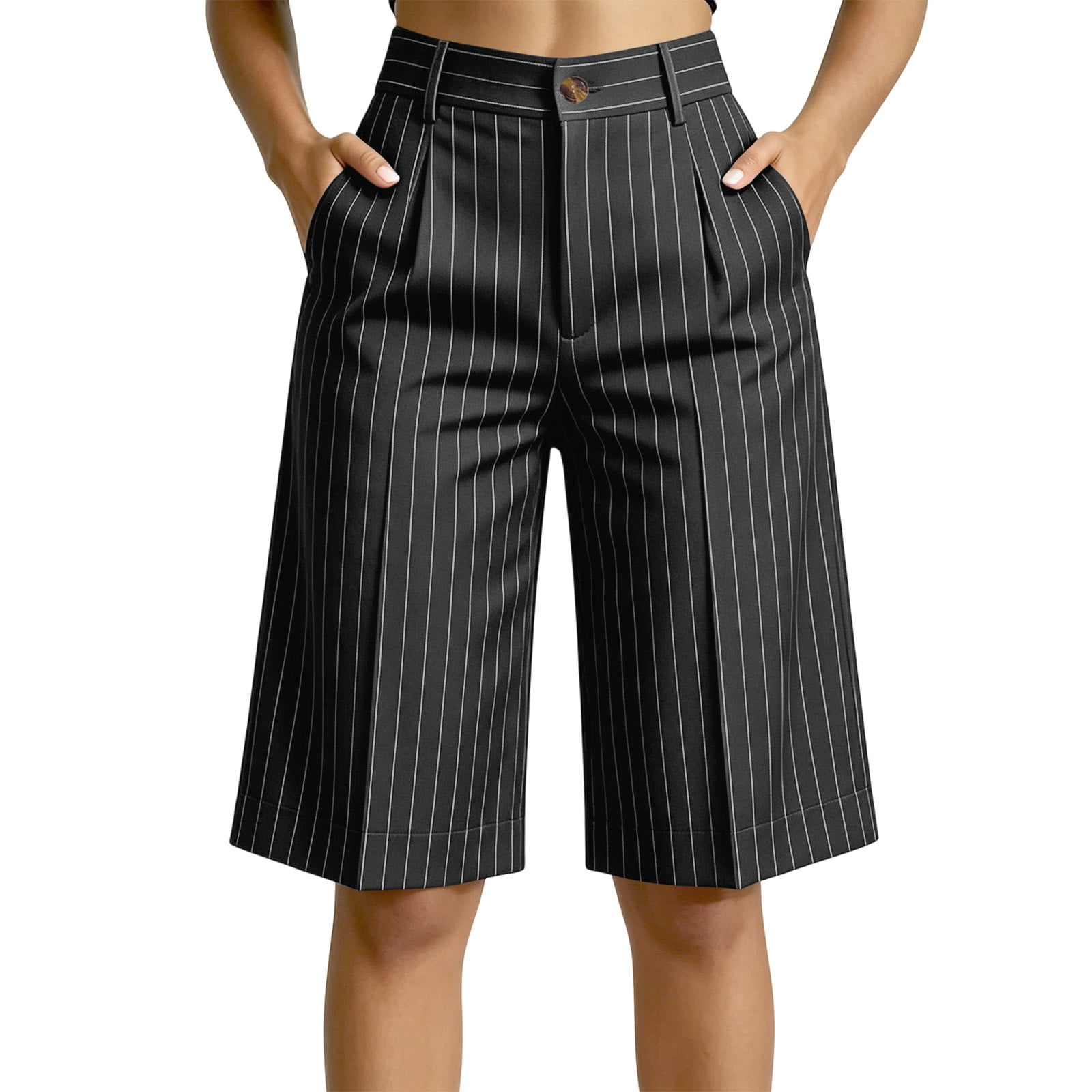 Double Button Pinstripe Wide Shorts ショーツ Utoimkio Women's Pinstripe Knee Length Shorts High Waisted