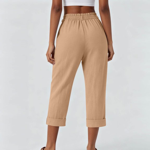 Utoimkio Women's Pleated Linen Capri Pants High Rise Button Closure Roll Hem Relaxed Fit Cropped Wide Leg Trousers with Functional Pockets