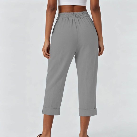 Utoimkio Women's Pleated Linen Capri Pants High Rise Button Closure Roll Hem Relaxed Fit Cropped Wide Leg Trousers with Functional Pockets