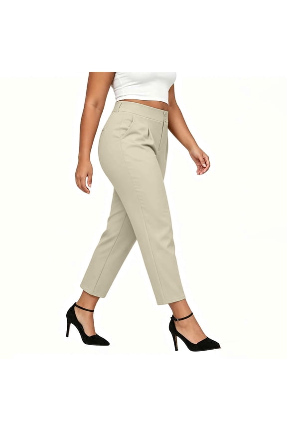 Women's Plus Size Cropped Dress Pants,High Waist with Double Button Detail