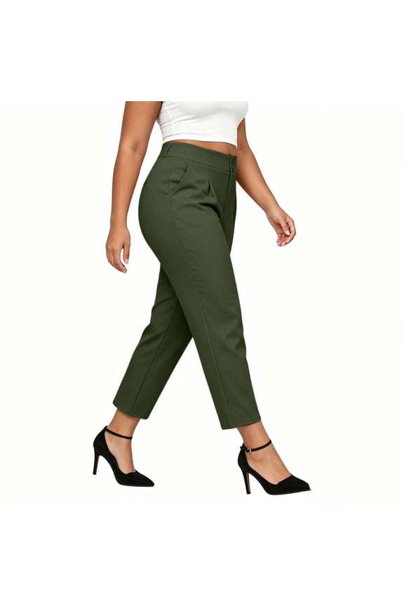 Women's Plus Size Cropped Dress Pants,High Waist with Double Button Detail