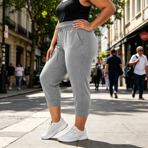 Utoimkio Women's Plus Size Drawstring Elastic High Waist Capri Jogger Pants,Cuffed Ankle Cropped Sweat Joggers with Side Pockets for Workout & Daily Casual Wear