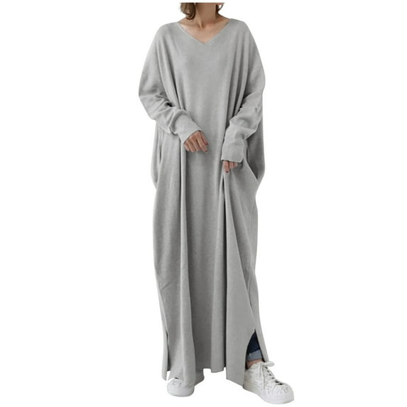 Utoimkio Women's Plus Size Long Sleeve Maxi Dress Casual V Neck Loose Flowy Plain Long Fall Dresses for Women Side Split Casual Daily Dresses