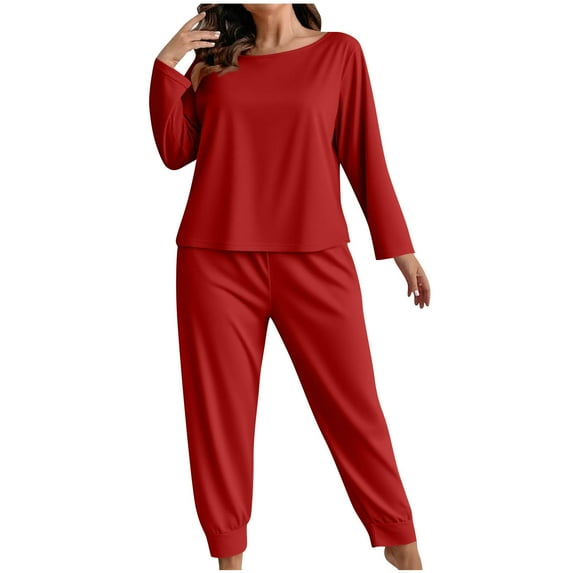 Utoimkio Women's Plus Size Pajama Sets Solid Color Soft 2 Piece Lounge Set Long Sleeve Pjs Long Pants Comfy Breathable Sleepwear Fall Clothes Set