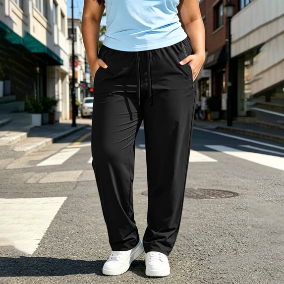 Utoimkio Women's Plus Size Straight Leg Athletic Pants,Drawstring Elastic Waist Workout Trousers with Zipper Side Pockets