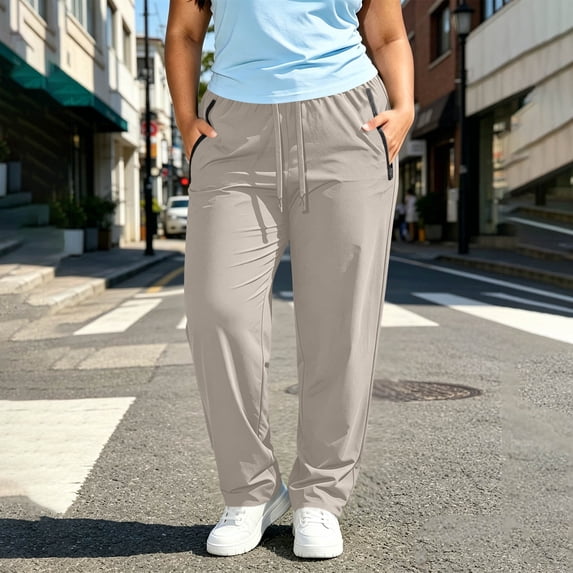 Utoimkio Women's Plus Size Straight Leg Athletic Pants,Drawstring Elastic Waist Workout Trousers with Zipper Side Pockets