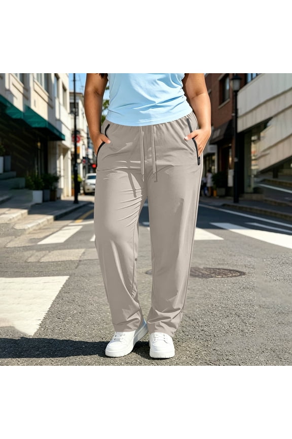 Women's Plus Size Straight Leg Athletic Pants,Drawstring Elastic Waist Workout Trousers with Zipper Side Pockets