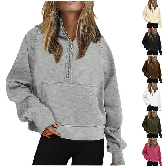 Utoimkio Women's Quarter Zip Pullover Cropped Hoodies Long Sleeve Fleece Half Zip Sweatshirts Fall Outfits Clothes with Pockets