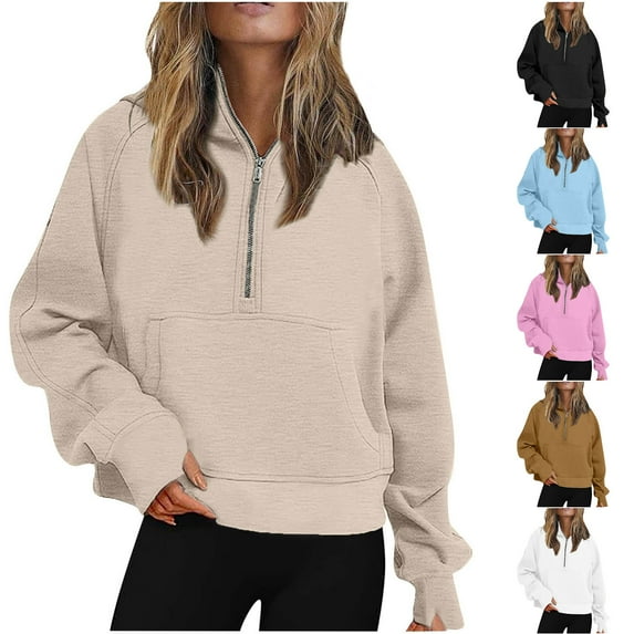 Utoimkio Women's Quarter Zip Pullover Cropped Hoodies Long Sleeve Fleece Half Zip Sweatshirts Fall Outfits Clothes with Pockets