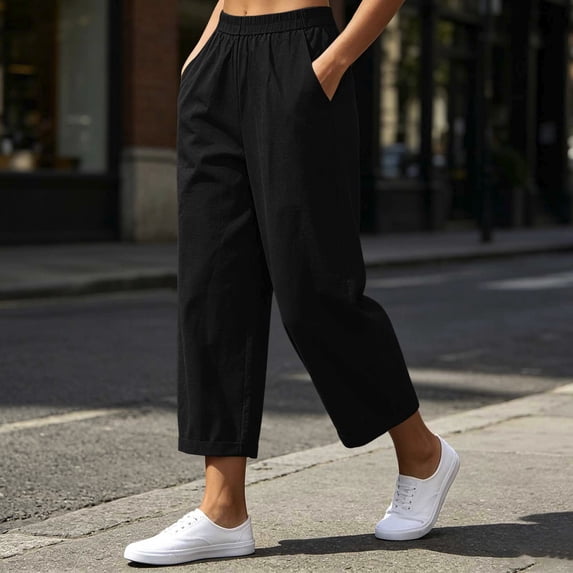 Utoimkio Women's Roll Cuff Cropped Linen Capri Pants Full Elastic Gathered High Waist Calf-Length Trousers with Inset Side Pockets for Summer Beach Casual Daily Wear