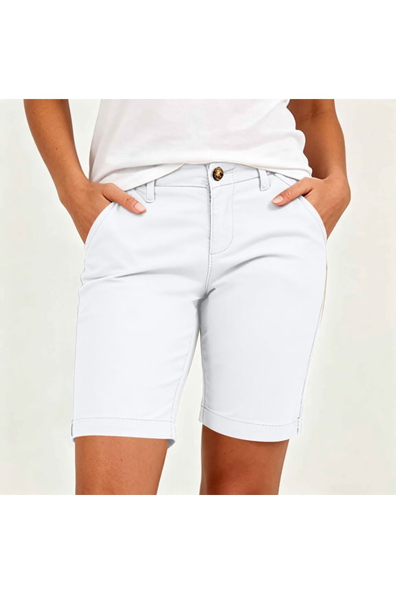 Women's Rolled Cuff Bermuda Shorts,Mid-Rise Chino Shorts with Button Closure