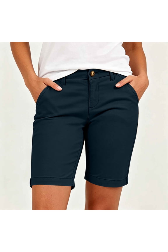 Women's Rolled Cuff Bermuda Shorts,Mid-Rise Chino Shorts with Button Closure