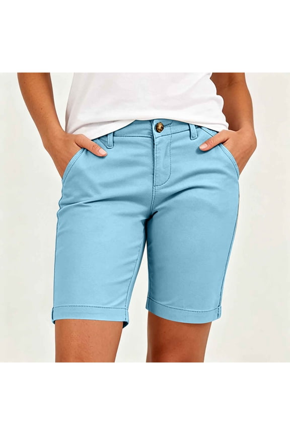Women's Rolled Cuff Bermuda Shorts,Mid-Rise Chino Shorts with Button Closure