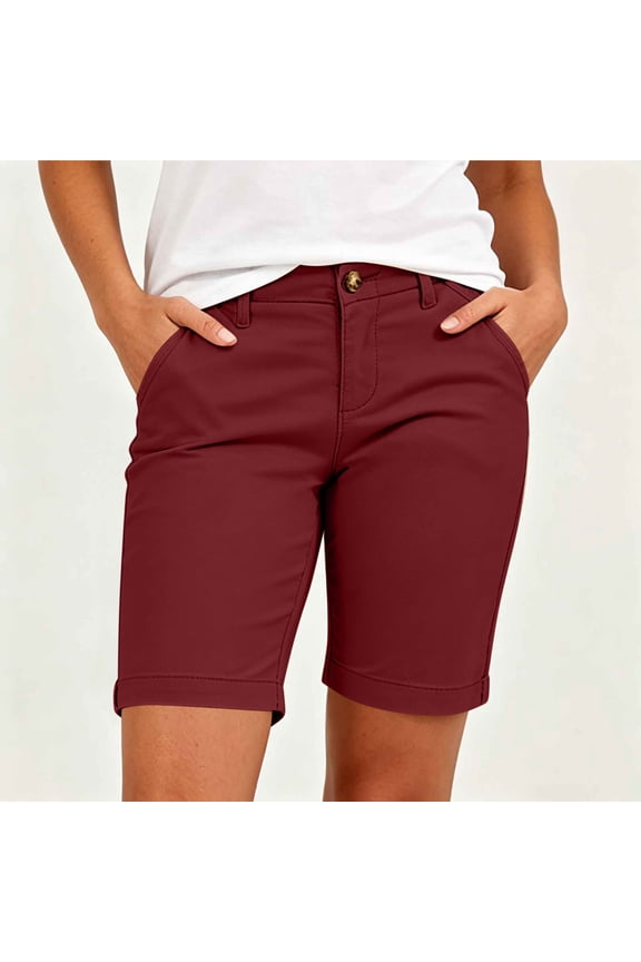 Women's Rolled Cuff Bermuda Shorts,Mid-Rise Chino Shorts with Button Closure