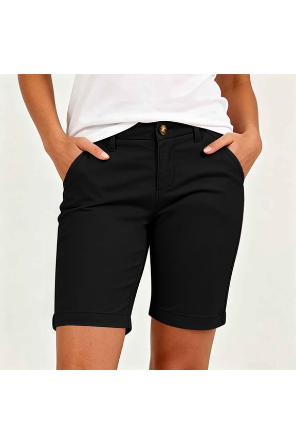 Women's Rolled Cuff Bermuda Shorts,Mid-Rise Chino Shorts with Button Closure
