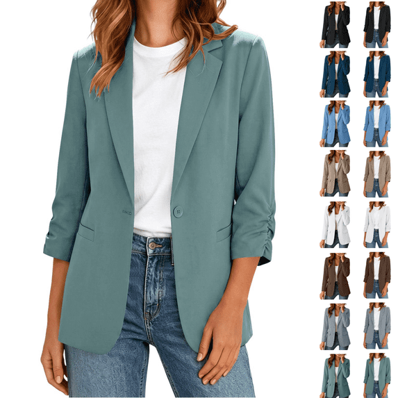Utoimkio Women's Ruched 3/4 Sleeve Blazer Jackets Button Front Notch Lapel Casual Blazers with Pockets Size S-3XL