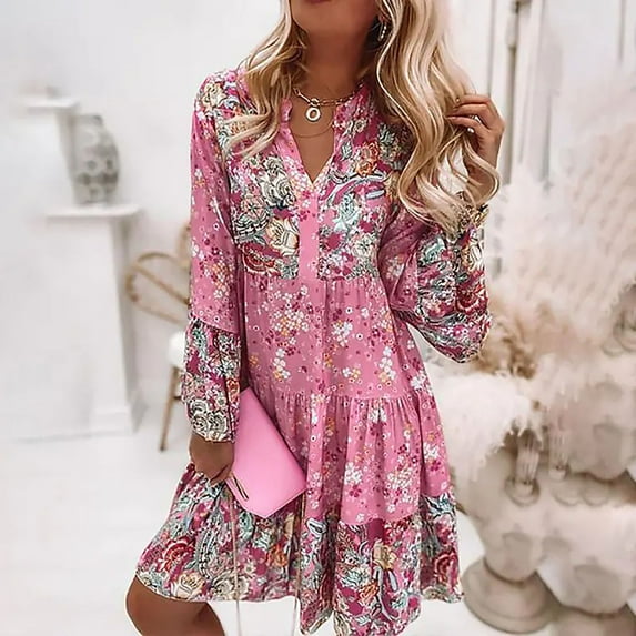 Utoimkio Women's Ruched Floral Long Sleeve Loose Midi Dresses Casual Loose V Neck Knee Length Fall Casual Long Dresses for Women