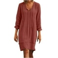 thumbnail image 1 of Utoimkio Women's Ruched Long Sleeve Loose Cotton Linen Midi Dresses Casual Loose V Neck Knee Length Fall Casual Long Dresses for Women, 1 of 8